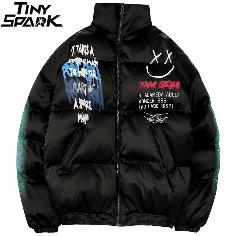 2024 Hip Hop Jacket Parka Happy Graffiti Print Men Windbreaker Streetwear Harajuku Winter Padded Jacket Coat Warm Outwear Thick 2