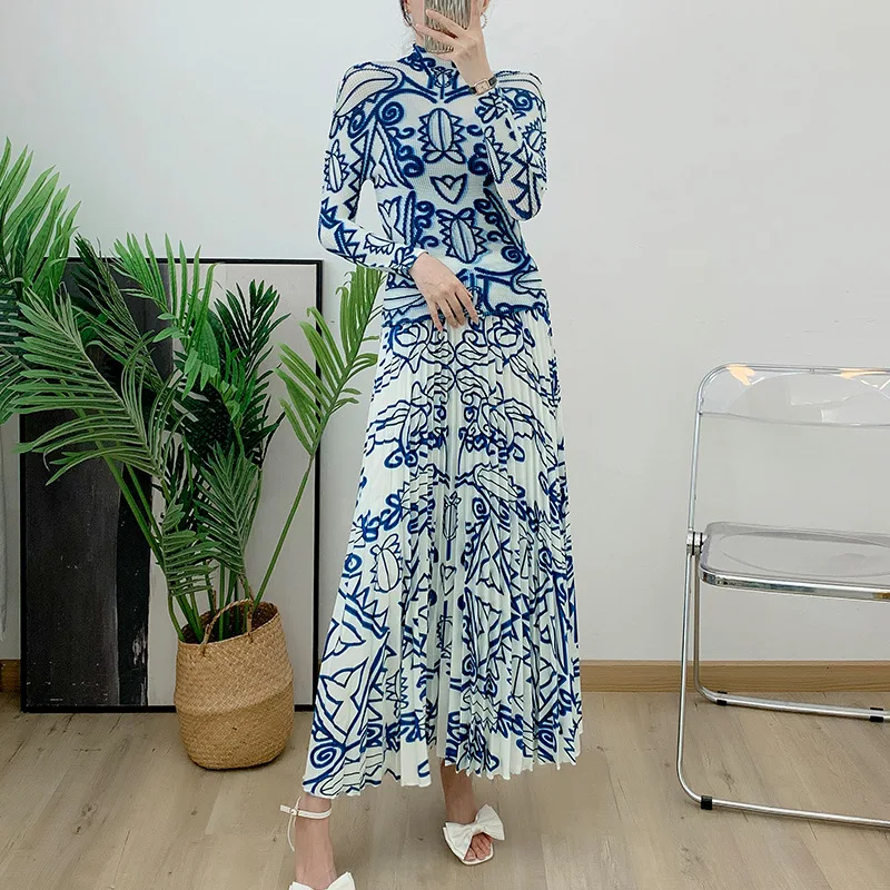 corn-grain-suit-2023-autumn-new-blue-pink-single-printed-pleated-long-sleeve-set