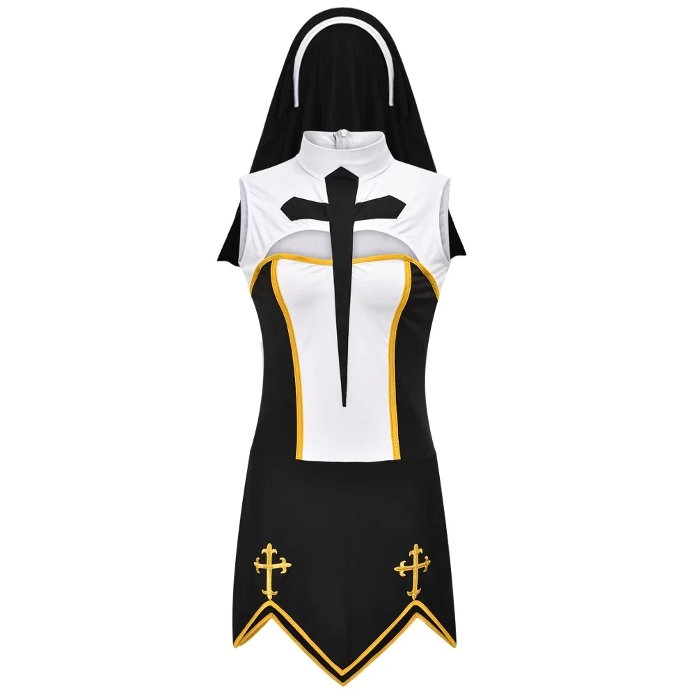 Women\'s Sexy Nun Cosplay Costume Adulto Purim Carnival Halloween Fantasia Fancy Dress Up