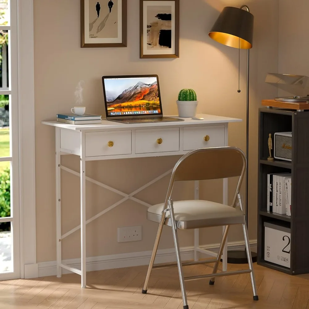 with 3 Drawers, 37.2 Inch Small Computer Desk for Small Spaces, Simple Study Table for Kids Bedroom, Office Desks 3