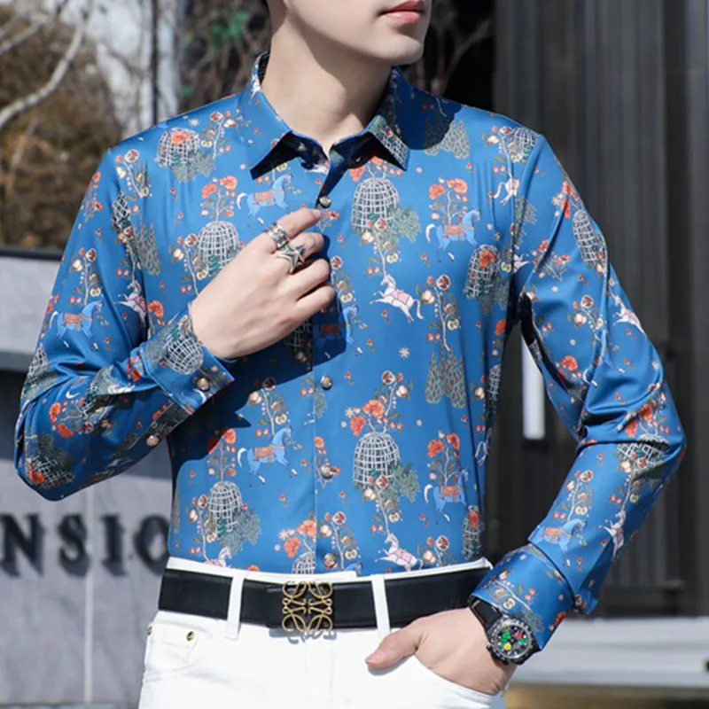 

Spring Trendy Print Long Sleeve Shirts For Men Casual Slim Fit Floral Dress Shirt Social Party Tuxedo Chemise Hawaienne Homme