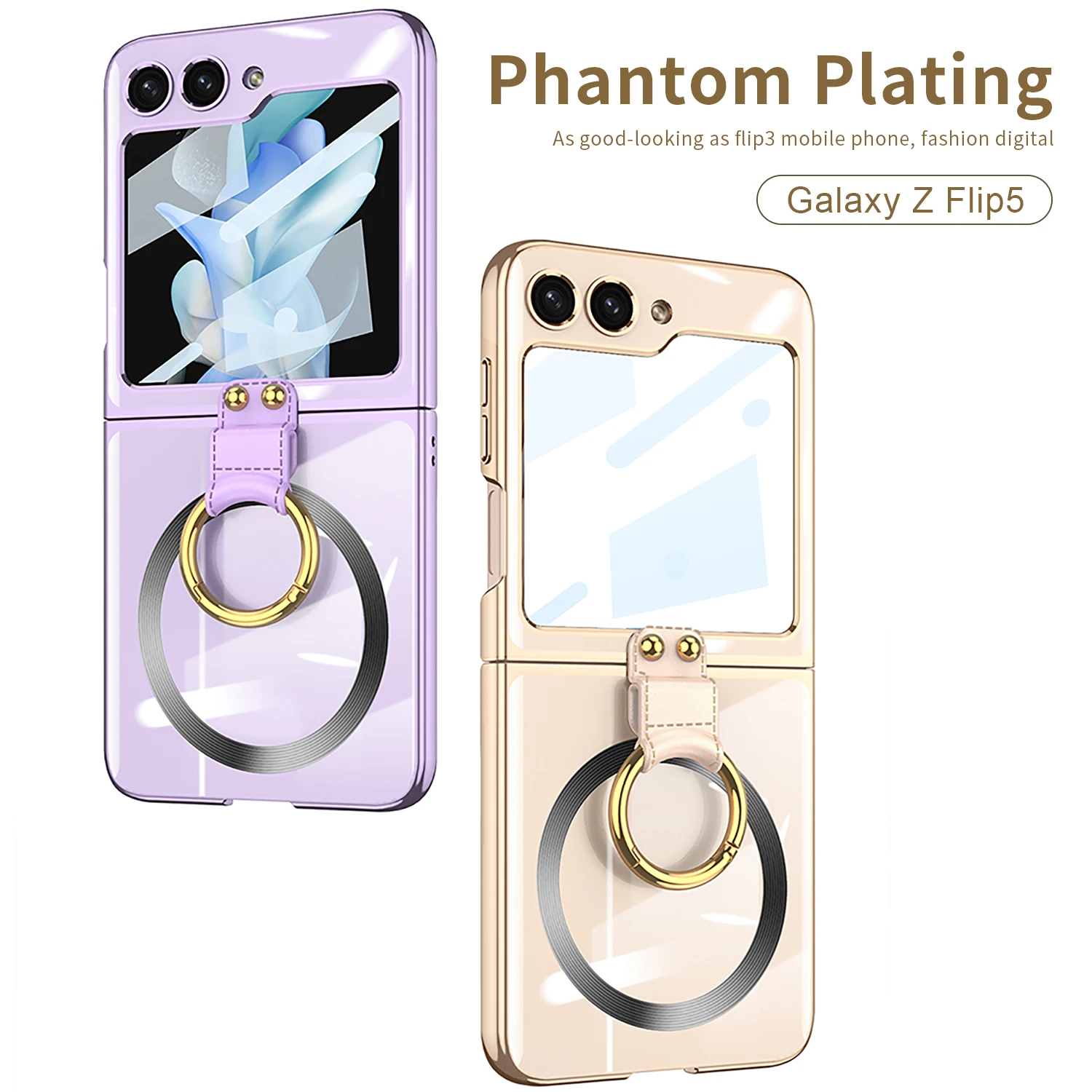 Electroplated Transparent Magsafe Case for Samsung Galaxy Z Flip 5 Flip5 Ring Holder Bracket Shockproof Glossy Cover Glass Film