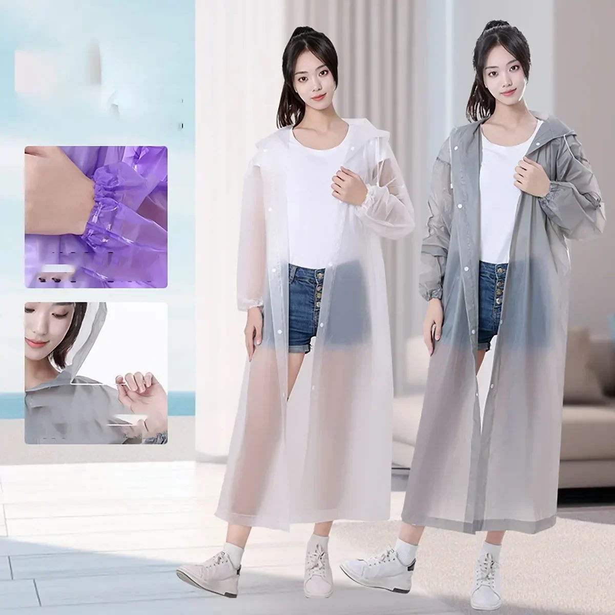 1pc Black Adult Hooded Long Raincoat Men Women Poncho Waterproof Jacket Impermeable Over Coat For Outdoor Hiking Travel Fishing