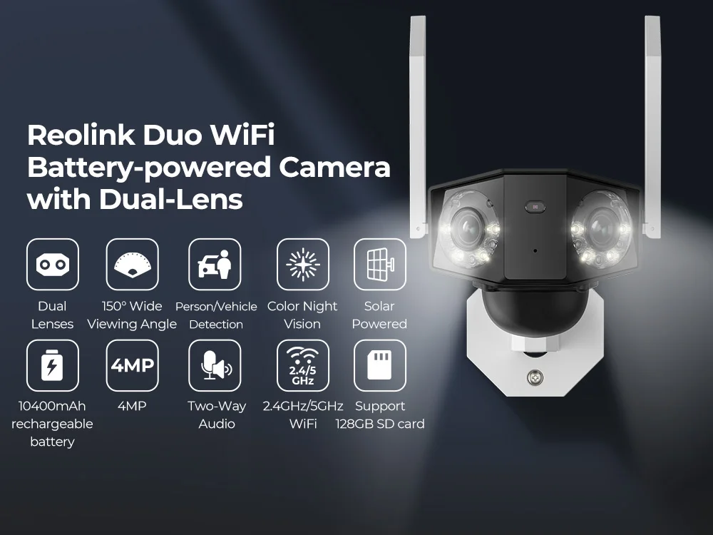 Reolink Dual Lens Duo WiFi Camera 4MP Solar Battery Powered Wide View