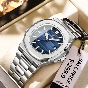 POEDAGAR Luxury Watch Business 50 ATM Waterproof Male Clock Luminous Date Stainless Steel Square Quartz Men Watches reloj hombre
