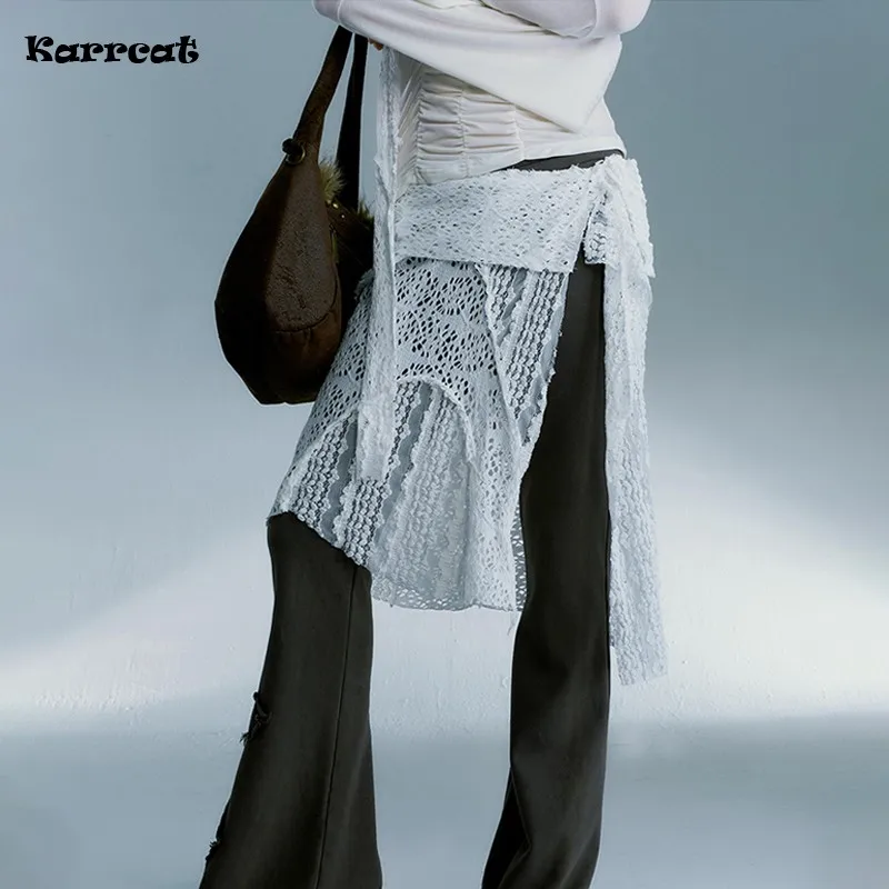 

Karrcat Grunge Aesthetics Lace Skirt Japanese Y2k Vintage Irregular White Skirt Harajuku High Street Cut Out Skirt Korean Style