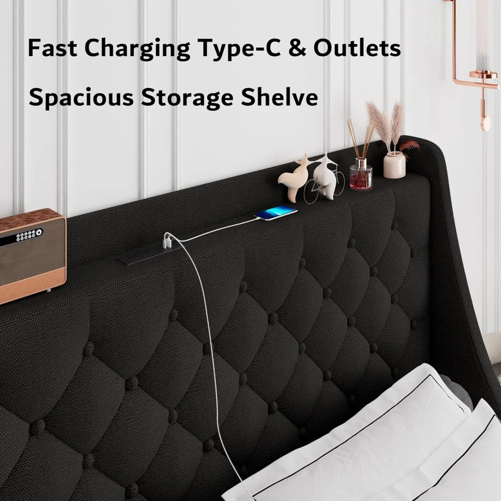 iPormis Full Size Bed Frame with 4 Storage Drawers, Upholstered Platform Bed Frame with Type-C & USB Ports, Wingback Storage Hea