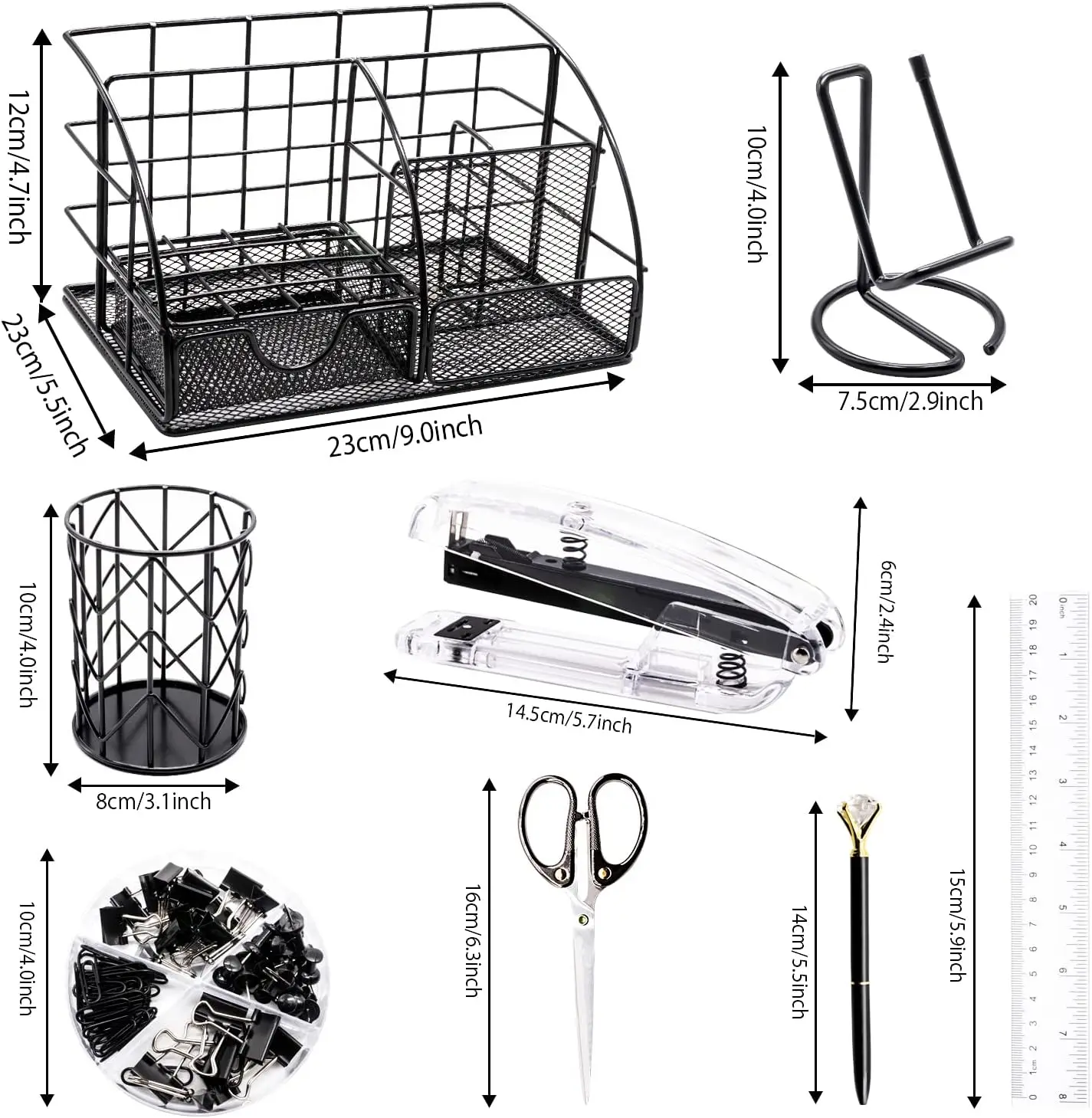 Desk Organizers Accessories Office Supplies Set Stapler, Pen Holder, Phone Holder, Scissors, Pen, Ruler, 30 Paper Clips, 22 Bind