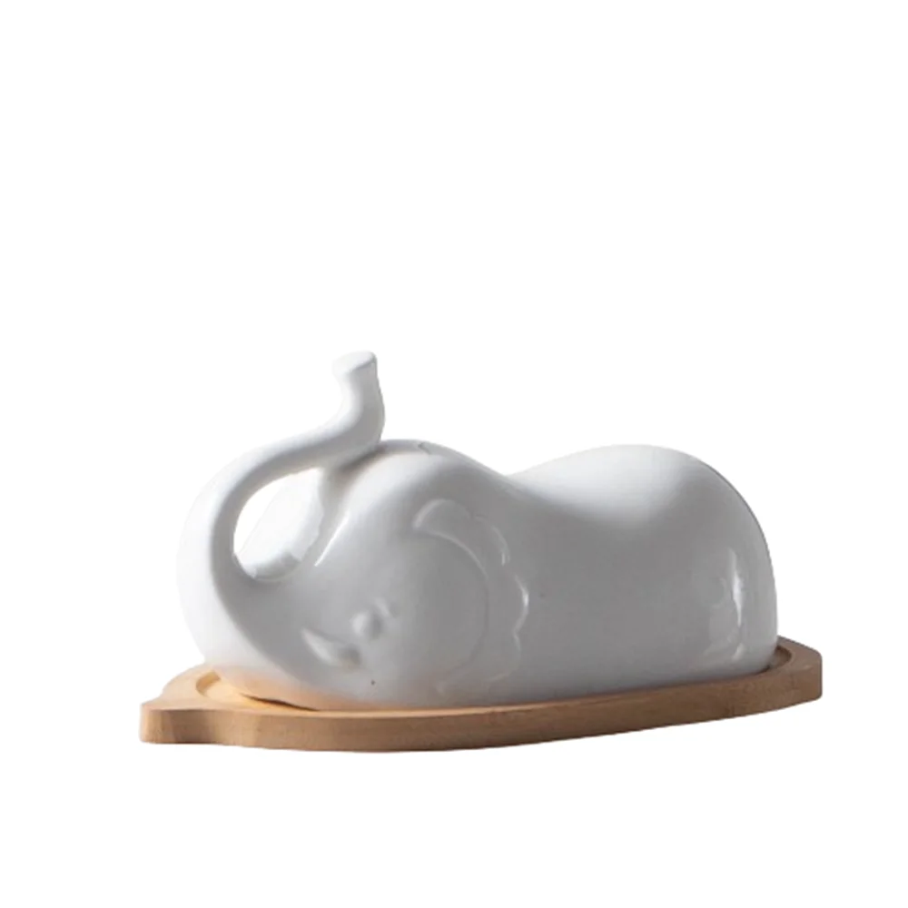 White Elephant Ceramic Butter Dish with Lid Brief Porcelain Butter Keeper Holder for Countertop And Refrigerator Door Shelf