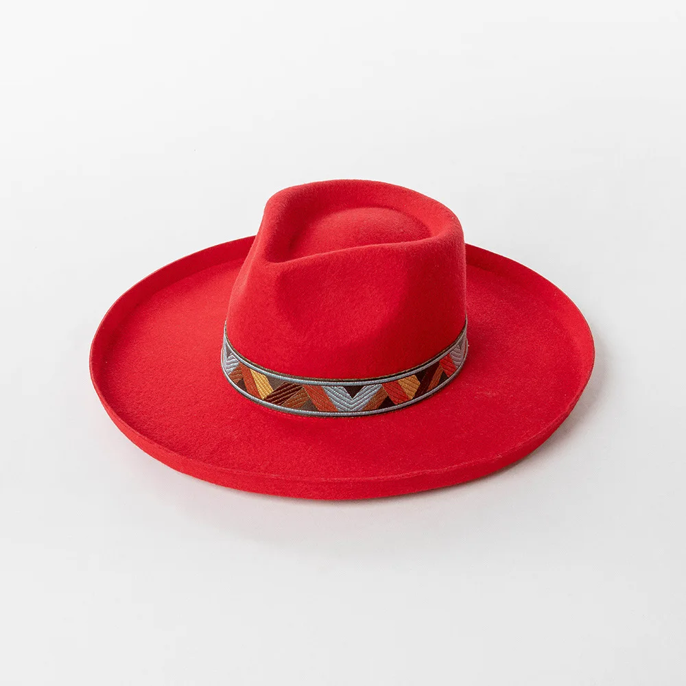 Fedora-Hüte mit 9 cm Krempe, 100 % Wolle, Panama-Jazz-Kappe, flach, große Upturn-Krempe, britischer Stil, Stickerei, Band, Kirche, Hochzeit, Party – Detail 15
