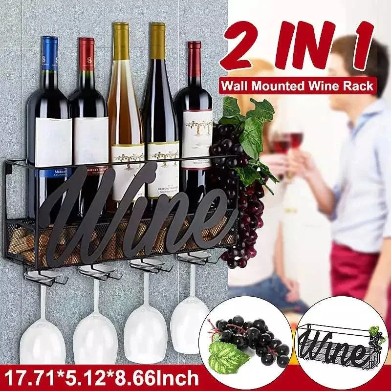2 IN 1 Wall Mounted Wine Rack Home Bar Decor Wine Glass Hanging Holder Goblet Stemware Storage Organizer Rack with Cork Tray