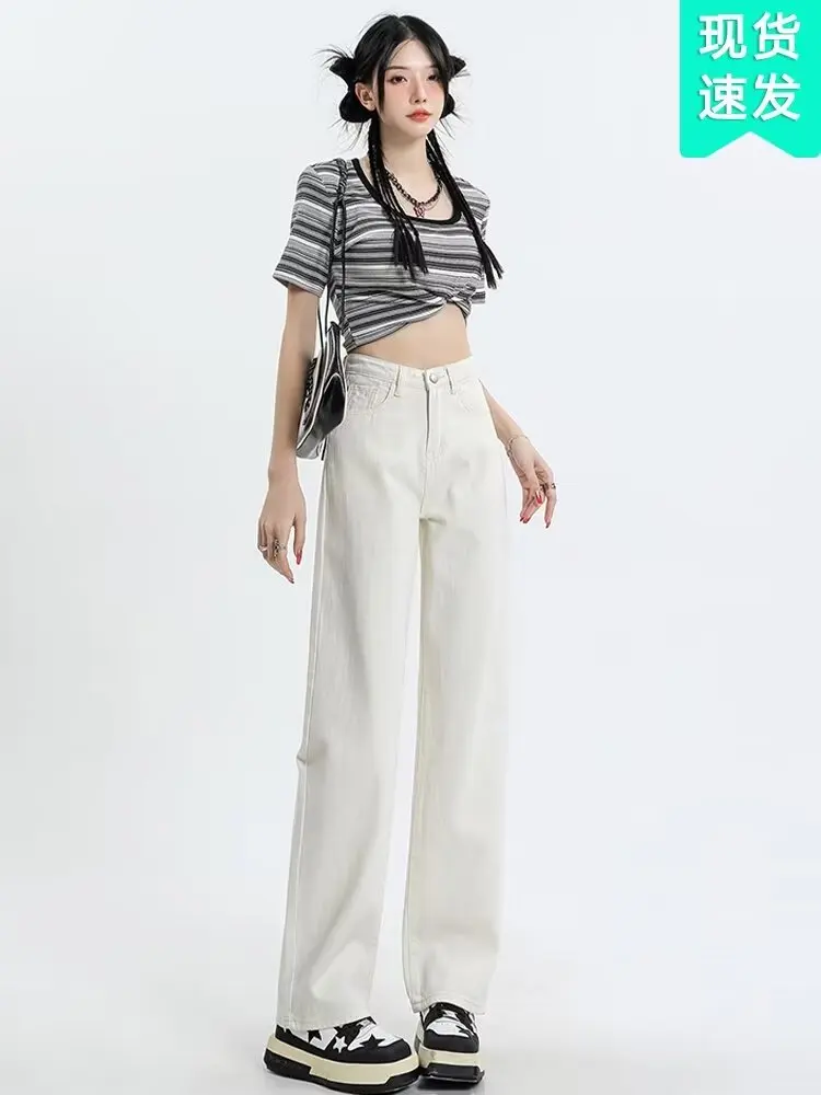 

Vintage White Jeans Women Summer High Waisted Vintage Straight Leg Pants Womens Soft Denim Hole Streetwear Y2k Jean Mom 2023 new