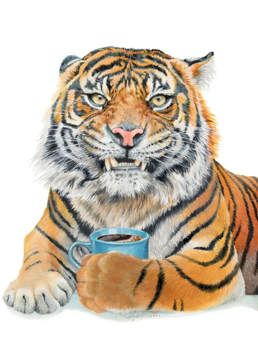 thumbnail image 1 of Póster de oso, camello, bisonte, zorro, mapache, animal que sostiene una taza de café, pintura en lienzo, arte de pared moderno, imagen para decoración del hogar y la cocina, 1 of 5