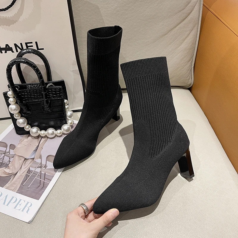 Spring And Autumn 2022 New Style Pointed Toe Fine Heel Flying Weave