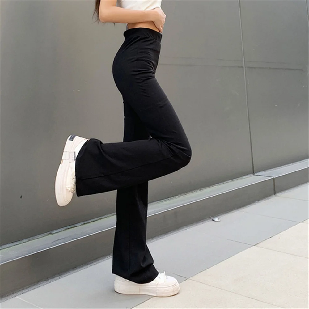 

2023 Women Fashion Elastic Waist Black Flared Pants Solid Color High Waist Wide Leg Trousers Casual Hipster Streetwear
