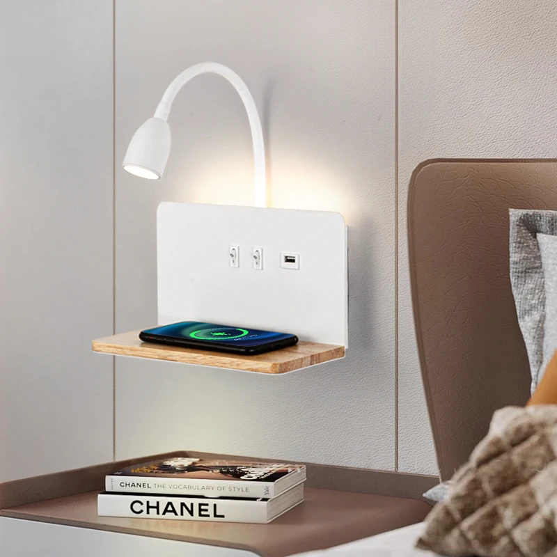 Minimalist Wooden Wireless Charging Wall Lamp USB Charging