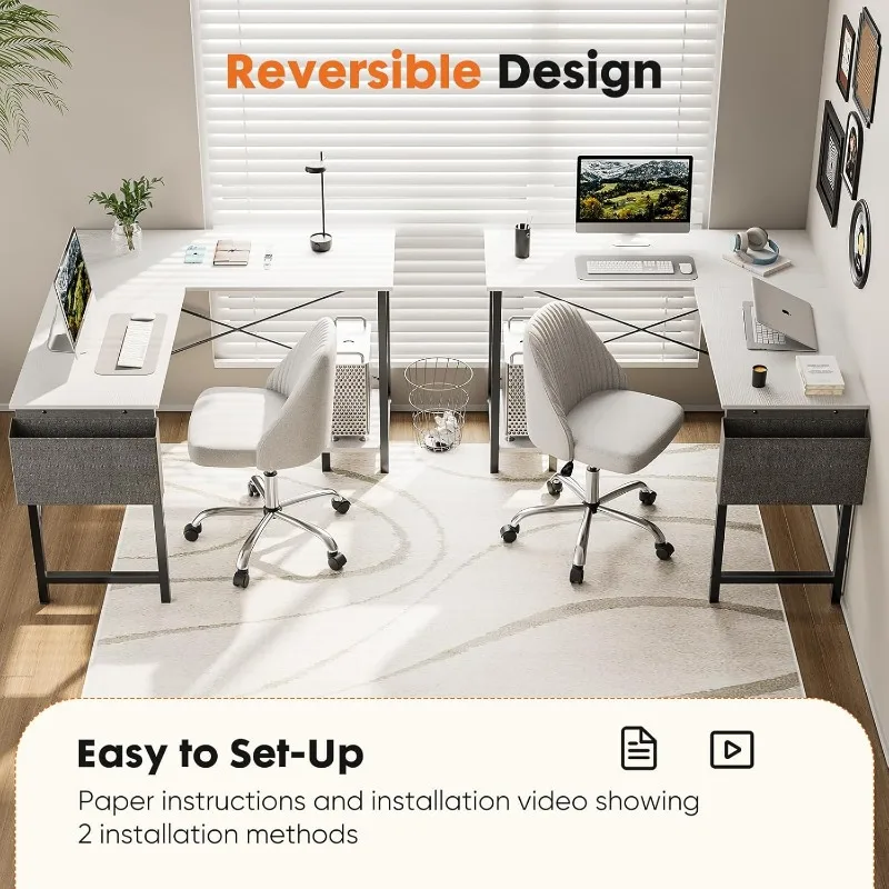 L Shaped Computer Desk - Gaming Corner 50 Inch PC White Writing Study Student Table with Wooden Desktop CPU Stand Side Bag 4