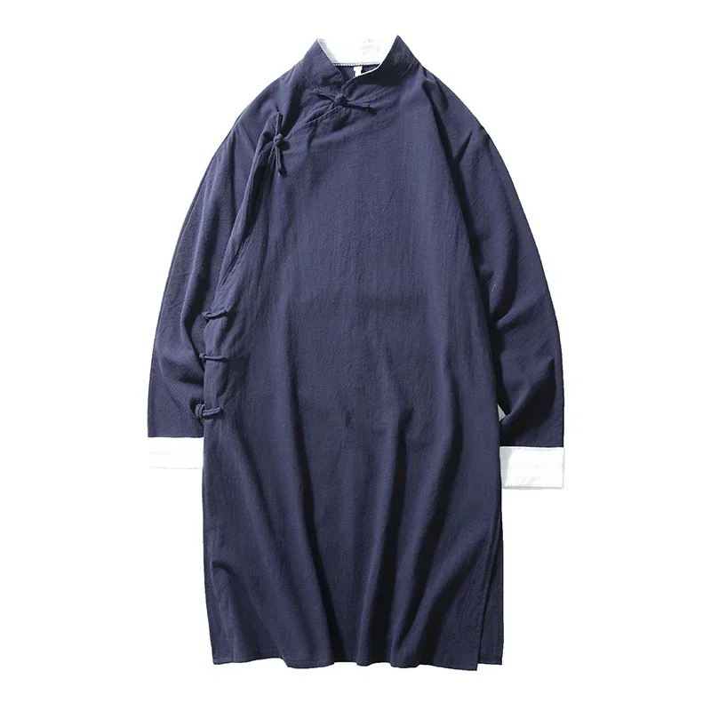 Streetwear Thin Tang Suit Coat Men Mens Linen Jacket Black Long Coat Male Hanfu Chinese Style Robe Harujuku Wind Breaker