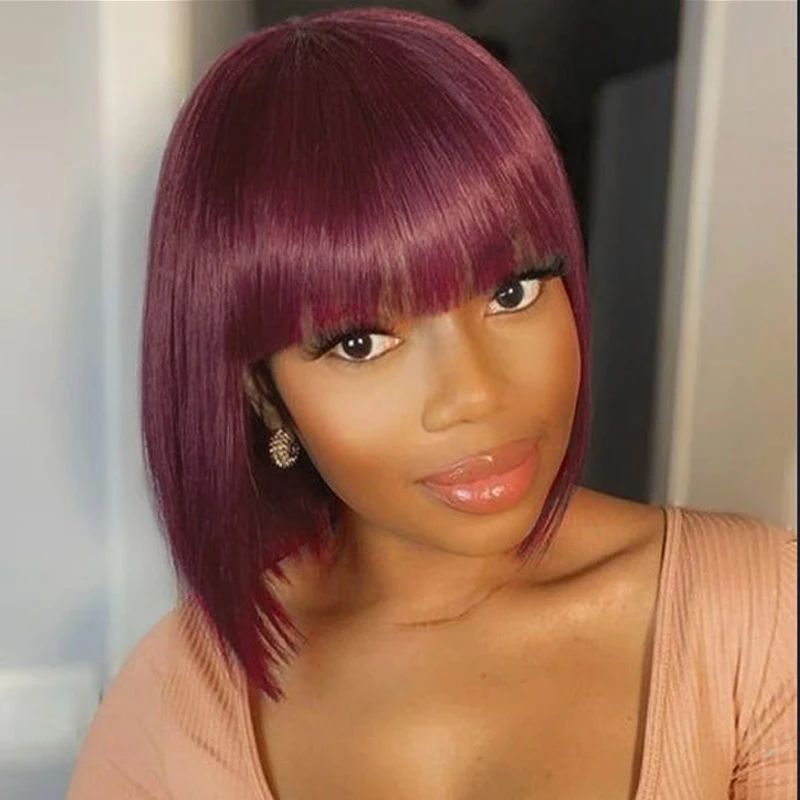 

99J Burgundy Red Straight Bob Human Hair Wigs With Bang Brazilian Remy Hair Short Bob Wigs For Woman Full Machine Made Colored