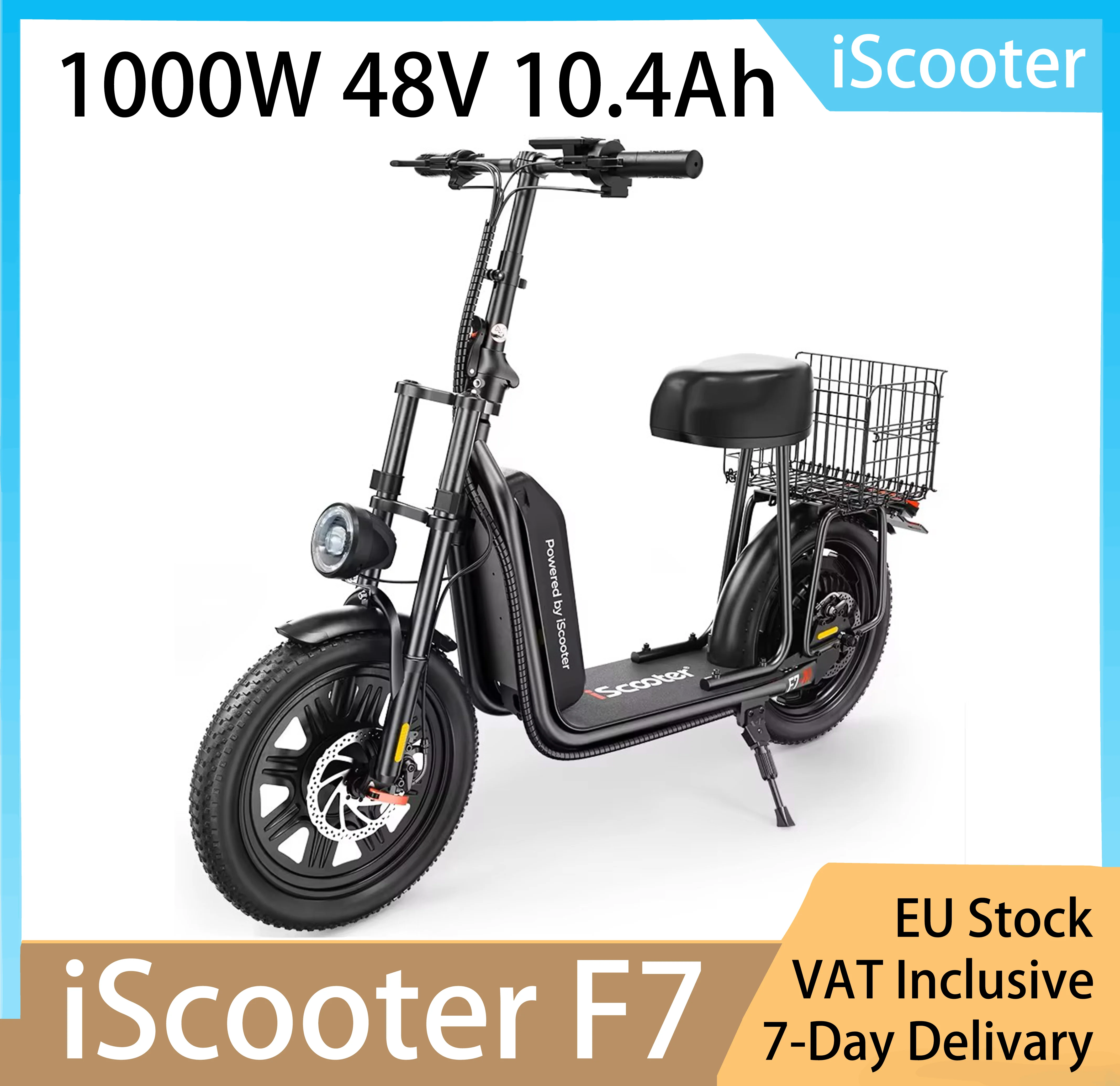 Monopattino Elettrico iScooter F7 con Motore da 1000W, Pneumatici Gonfiabili Fat da 16x3.0", 48V 10.4Ah, 45km/h, con Sedile, Cestino e Freno a Disco, Nero