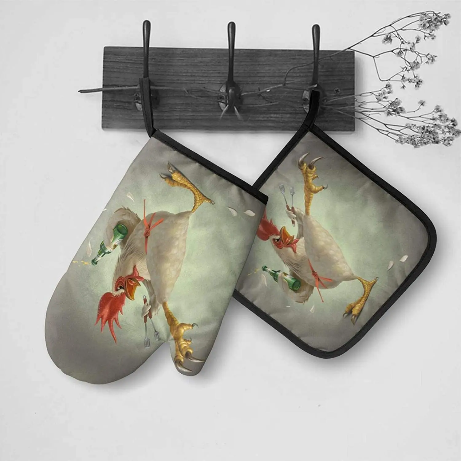 Funny Chicken Oven Mitts and Pot Holders Sets Heat Resistant Kitchen Non-Slip Printed Grip Oven Gloves for Microwave BBQ Cooking