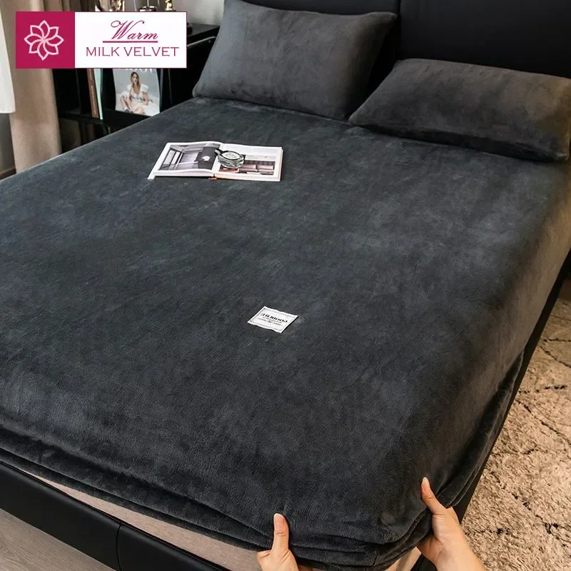 WOSTAR Winter warm plush fitted sheet elastic mattress cover fluffy velvet fleece bed linen couple thermal double bed king size 6