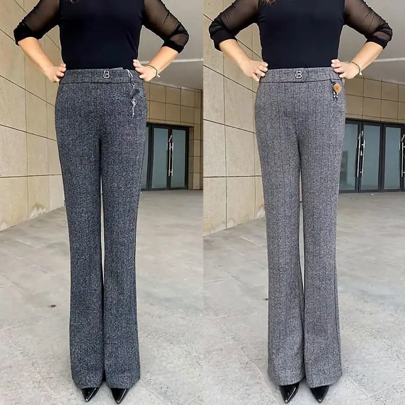 Elastic Flare Trousers Women High Waist Woolden Vintage Pants 2023 Fashion Office Lady Casual Straight Mom Pantalones Plus Size