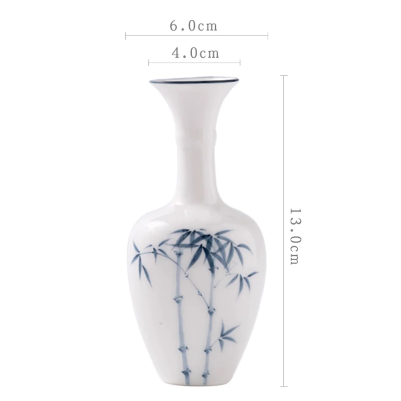Nordic Ceramic White Porcelain Hand-painted Blue Bamboo Small Vase Home Dining Table Living Room Decoration Floral Ornament, 1Pc