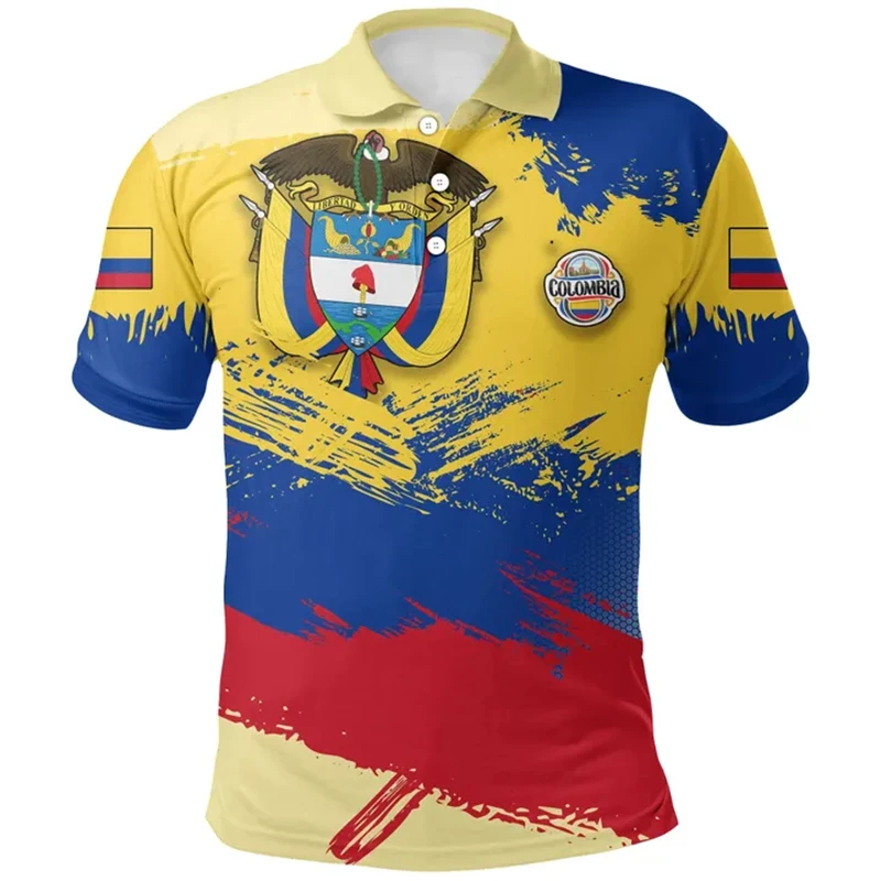 Mens Clothing Summer Colombian Flag Print Outdoor Polo Shirt Daily