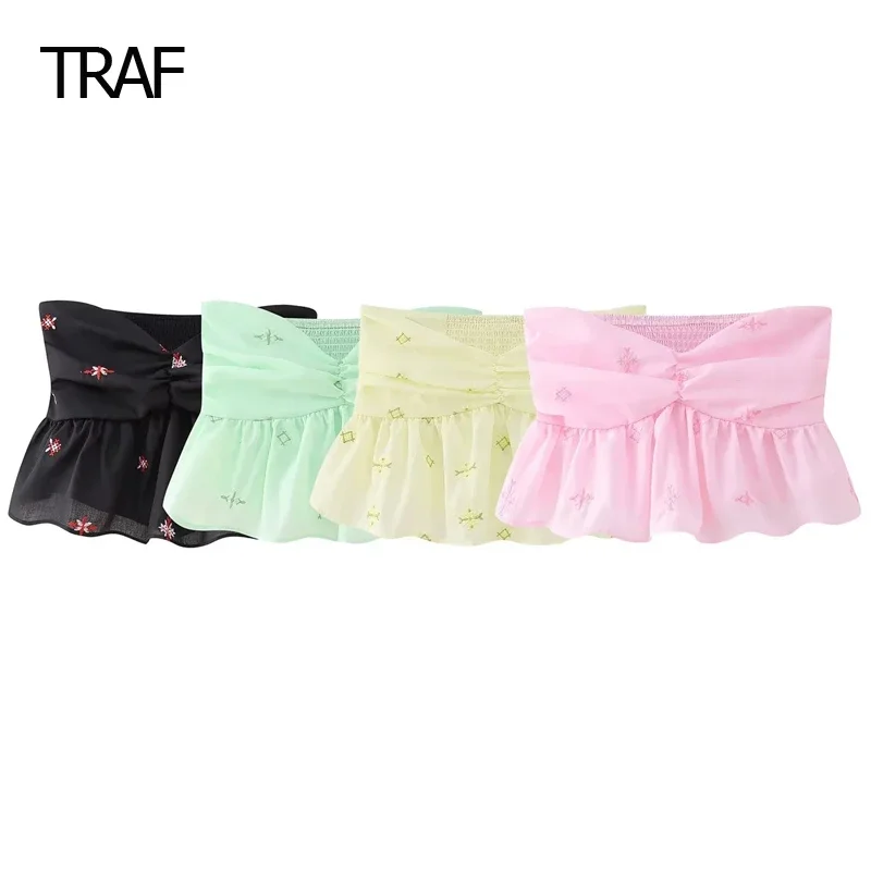 

TRAF Crop Sleeveless Backless Top Women's Tube Top Summer 2024 Embroidered Strapless Vest New In Top Chic Elegant Designer Tops