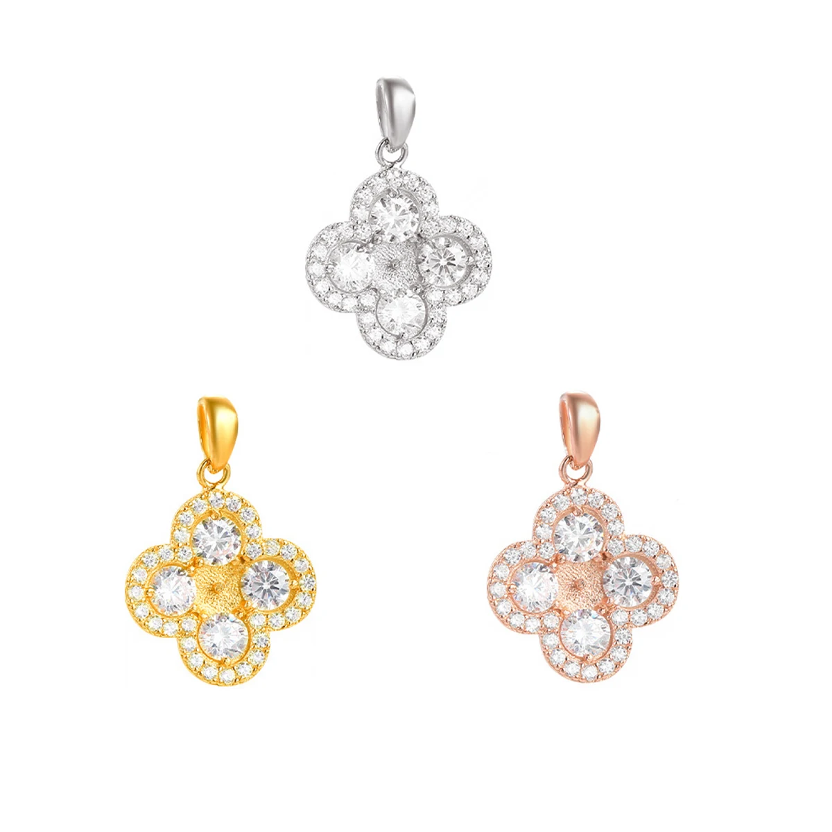 925 Silver Sterling Shiny Zircon Flower Pendants Tray Embed Round Bead Pearl Pendant Setting DIY Jewellery Making Supplies
