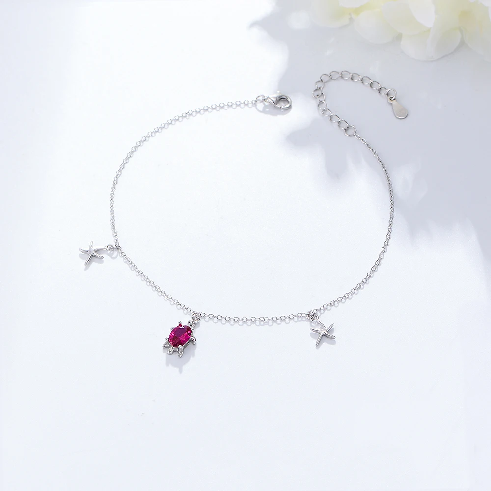 fulsun Beach Adjustable anklet Ruby turtle starfish anklet 925 Sterling Silver Boho Simple Foot Jewelry For Women