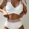 2025 Summer Mixed Color Ribbed Swimsuit for Women Back Cross Bandage Swimwear High Waist Push Up Bathing Suit Beachwear Tankinis