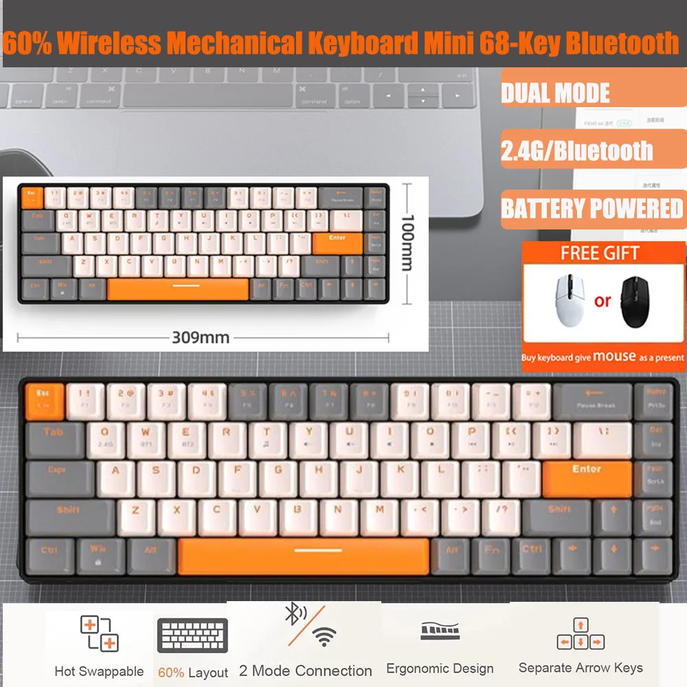 

Беспроводная механическая клавиатура K68 2,4G, Bluetooth, 68 клавиш, раскладка клавиш, горячая заменка, красный и синий переключатель, USB Type-C, игровое мобильное устройство
