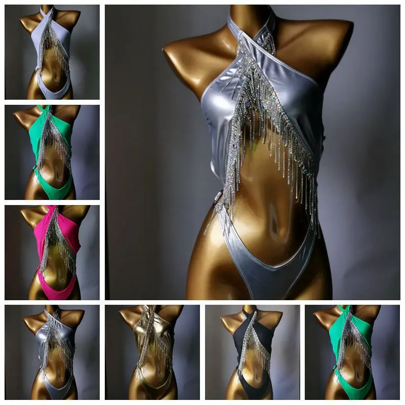 2023 Diamond New Bikini One-piece Swimsuit Cross Tie Silver Tassel Swimsuit Night Club Special Clothing Bodybuilding Performance