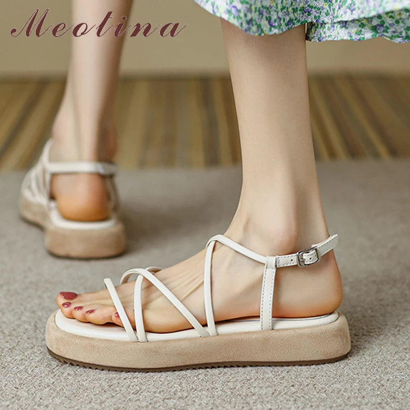

Meotina Women Shoes Genuine Leather Cross Strap Sandals Flat Platform Sandals Buckle Narrow Band Ladies Footwear Summer Beige 40
