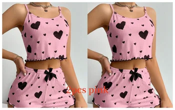 Women's Pajamas Set Sleepwear 2 PCS Short Tank Tops And Shorts S M L White Ventilate Soft Casual Love Printing 12