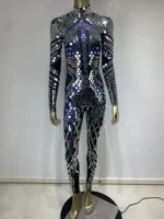 Women Black Geometric Sequins Long Sleeved Stretch Tight Jumpsuit Y2K Bar Nightclub DJ Female Singer Stage Performance Clothing