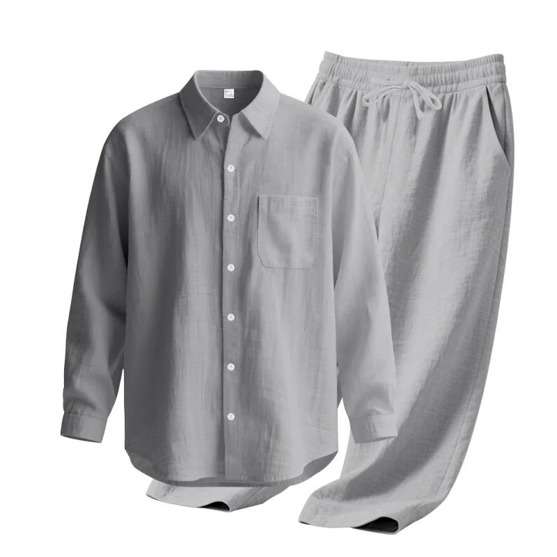 Men's Autumn Loose Trend Linen Solid Color Simple Lapel Long-Sleeved Shirt Beach Trousers Set