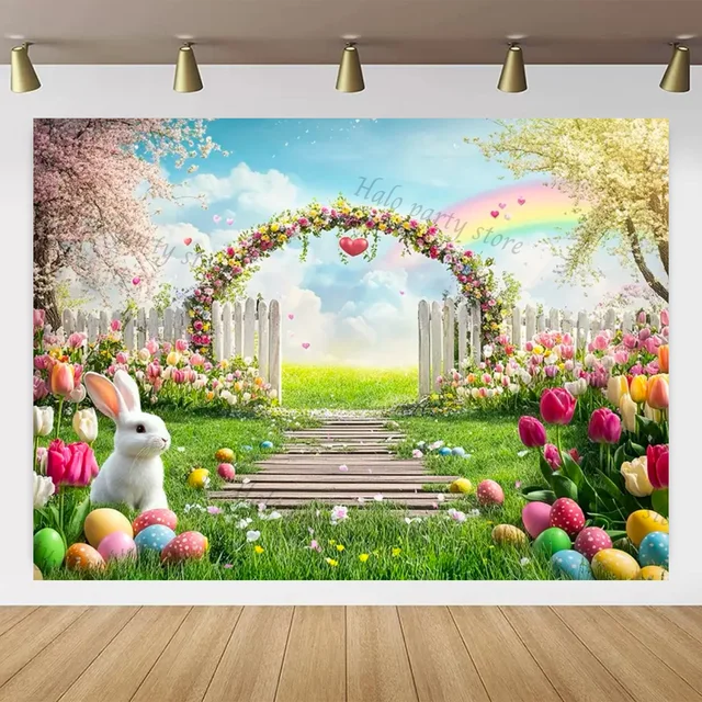 Sfondo Fotografico Pasquale 2,1x1,5 M - Design Floreale Con Coniglietto Per Baby Shower E Feste | Lavabile E Pieghevole - Foto 7