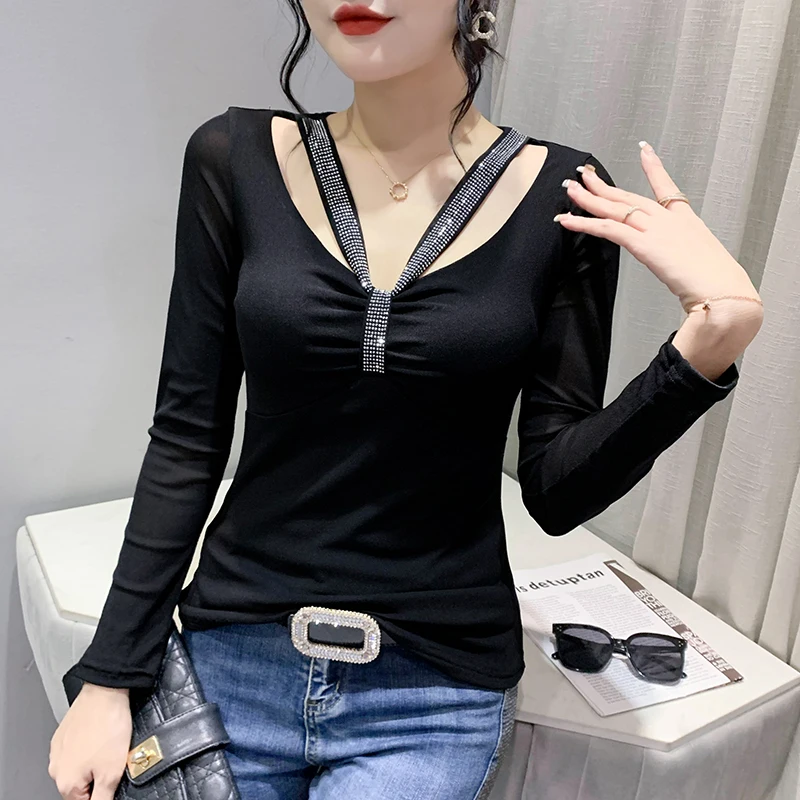 

Spring Fall Korean Clothes Mesh Casual T-Shirt Chic Sexy V-Neck Hollow Out Women Tops Long Sleeve New Drill Hand Made Tees 1164