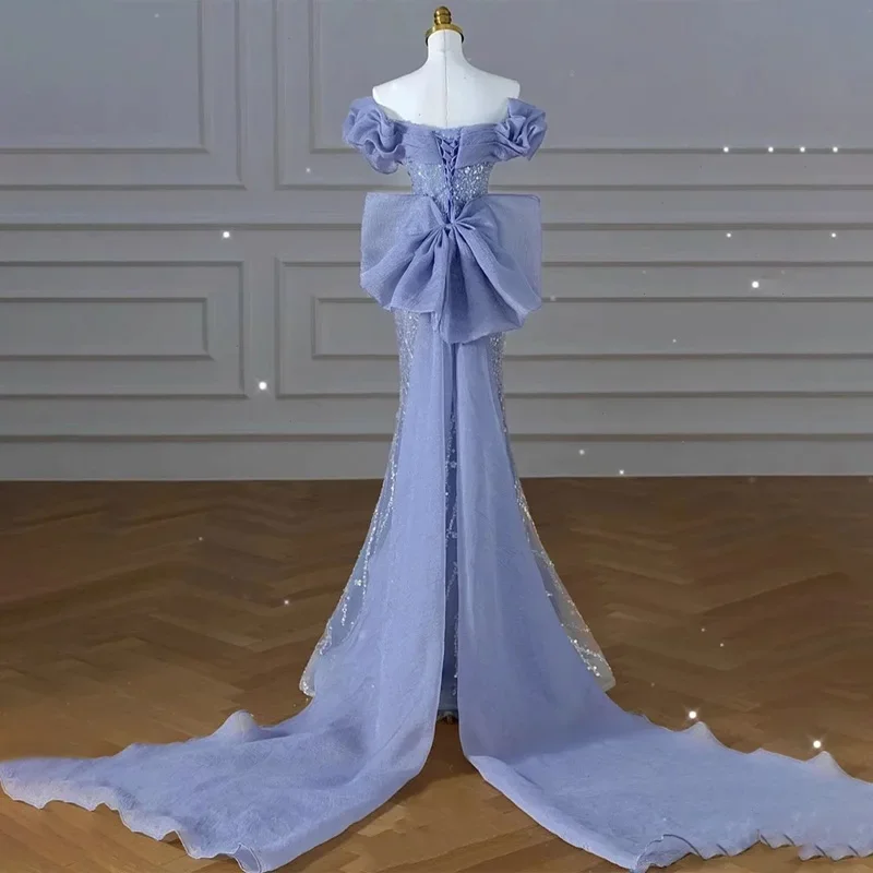 Evening Dress Blue Fashion Boat Neck Sequins Pleat Floor-Length Lace Up Short Sleeves Mermaid Party Formal Dresses Woman B2742