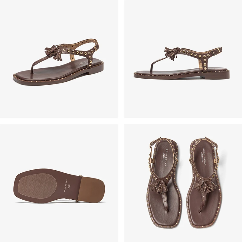 BEAUTODAY Gladiator Sandals Women Calfskin Leather Fringe Rivet Flip Flops Summer Ladies T-Strap Flat Shoes Handmade_vogvips.com