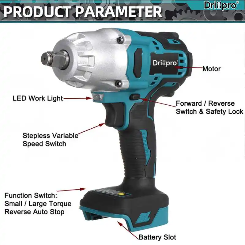 Drillpro 2000N.M High Torque Brushless Electric Impact Wrench 1/2" Cordless Wrench Rechargeable Battery for Makita 18V Battery 3