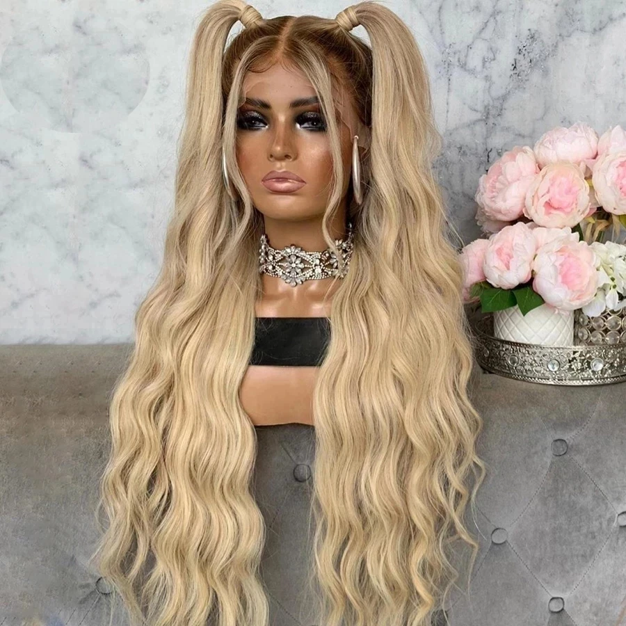 Ombre Honey Blonde Long Deep Wave Synthetic Hair Lace Frontal Wig Brown Roots Fiber Hair Transparent Lace Wigs