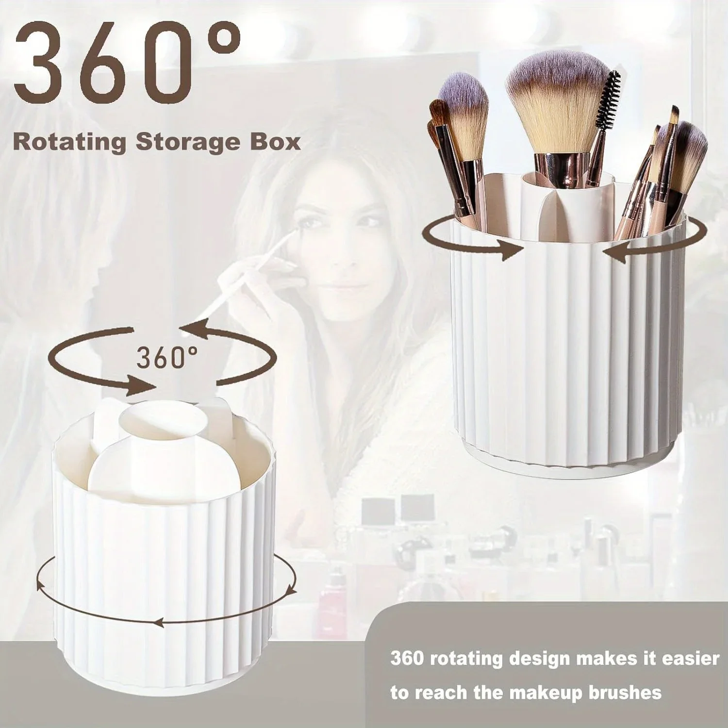 Makeup Brush Holder Organizer 360°Rotating Make Up Brushes Container for Vanity, Spinning Cosmetics Storage Cup, Stripe White 4