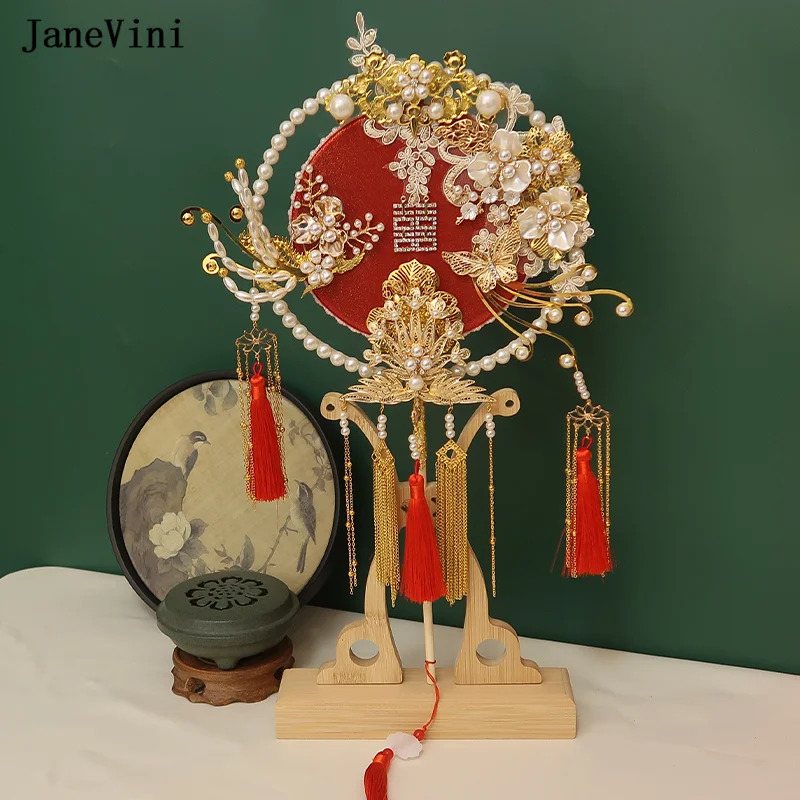 

JaneVini Luxury Pearls Phoenix Chinese Red Bridal Bouquet Fan Cover Face Handmade Lace Flowers Metal Wedding Jewelry Accessories