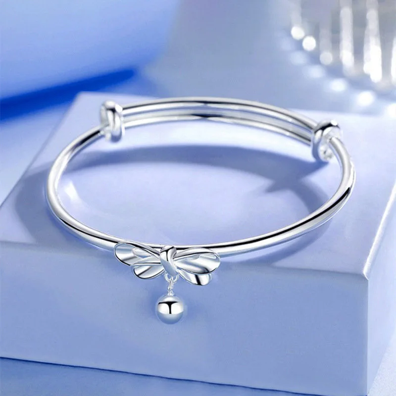 

JewelryTop Adjustable size 925 Sterling Silver Bangle cuff Bracelet Bow Round Bead Charms jewelry For Women wedding Lovely