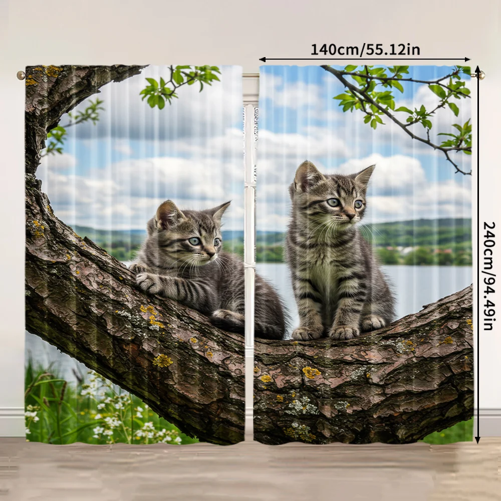 2pcs, spring summer Curtains There are cute kittens on the branches Semi-Sheer Curtains Durable 100% Polyester Fabric Room Decor 3