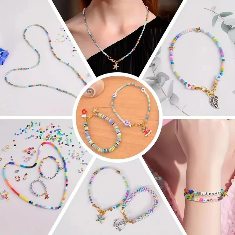 DIY Clay Beads Bracelet Making Kit Seed Beads Kit for Friendship Jewelry Making,Polymer Heishi Beads with Charms Gifts - 6